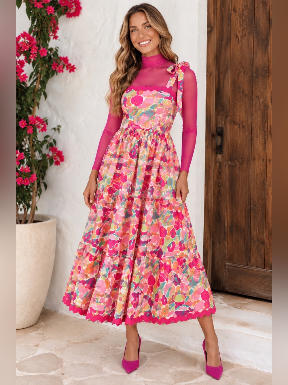 NWT Umgee Avara Tropical Floral Tie Shoulder Tiered Resort Midi Dress Small
